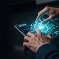 A close-up, photorealistic shot shows a technical professional securing a futuristic glowing network grid on a translucent tablet Royalty Free Stock Photo