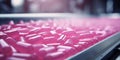 A detailed close-up view capturing the production and packing process of pink pills in a modern pharmaceutical factory Royalty Free Stock Photo