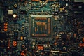 Detailed close-up view of a complex microprocessor on a circuit board showc Royalty Free Stock Photo