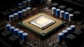 Close-up view of a computer processor on a circuit board with capacitors Royalty Free Stock Photo