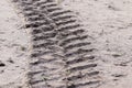 Detailed close up view on dry agricultural grounds with tire tracks in high resolution Royalty Free Stock Photo