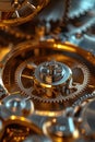 A detailed close-up view of the gears of a clock. This image can be used to depict precision, time management, mechanics