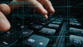 Close-up of Hands Typing on a Computer Keyboard Surrounded by Code and Digital Elements in a Futuristic Environment Royalty Free Stock Photo