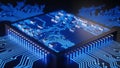 Close-up of Advanced Microchip Circuit Board with Glowing Blue Lights Royalty Free Stock Photo