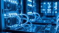 Close-up of a Server Rack with Blue Lights, Computer Hardware, Cooling Fans and Cables Royalty Free Stock Photo