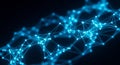 Close-up view of a glowing blue abstract network of interconnected dots and lines with a dark background and bokeh Royalty Free Stock Photo