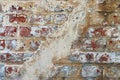 Detailed close up view on old aged and weathered bricks wall textures with cracks Royalty Free Stock Photo