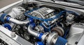 Highly detailed V8 engine with turbochargers and blue accents car engine motor Royalty Free Stock Photo