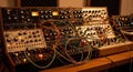A detailed close-up view of a professional audio synthesizer with many knobs and tangled cables in a studio setting Royalty Free Stock Photo