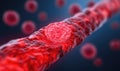 Detailed close-up view of red blood cells flowing through a blood vessel, showcasing their structure and movement