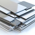 A detailed close-up view of a stack of metal sheets resting on a clean white surface, showcasing their texture and Royalty Free Stock Photo