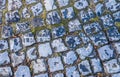 Detailed close up view on textures of old cobble stone roads