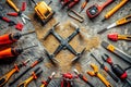 Detailed CloseUp Drone Shot of Masonry Tools on Concrete Surface A Comprehensive View of Construction Equipment Royalty Free Stock Photo