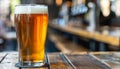 Detailed closeup of frothy beer glass against warm bokeh lights, perfect for text placement