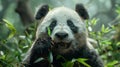 Detailed closeup of giant panda eating bamboo in sichuan forest with realistic fur texture