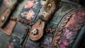 A detailed closeup of a handbag made from upcycled leather and fabric featuring intricate handstitched designs and