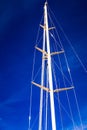 Detailed closeup of mast rigging top on sail boat Royalty Free Stock Photo