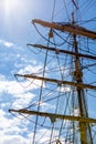 Detailed closeup of mast rigging top on sail boat Royalty Free Stock Photo