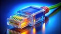 Detailed CloseUp of an RJ45 Ethernet Connector on a Blue Background Understanding Network Wiring Fundamentals