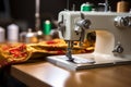 Detailed closeup of a sewing machine at work with fabric and threads