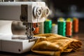 Detailed closeup of a sewing machine at work with fabric and threads