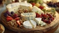 A detailed closeup of a wooden cheese board featuring an array of different cheeses fruits and nuts perfect for a picnic