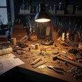 A detailed and cluttered workbench illuminated by a desk lamp. The surface is Royalty Free Stock Photo
