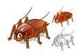 Detailed Cockroach Cartoon Character with Flat Design and Line Art Black and White Version