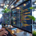 Detailed coding session at a modern workspace with vibrant screens displaying programming languages Royalty Free Stock Photo