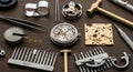A detailed collection of watchmaking tools and components arranged on a brown Royalty Free Stock Photo