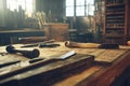 Workbench with Carpentry Tools and Woodworking Instruments in a Dusty Workshop Royalty Free Stock Photo