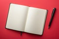 Detailed Color Picture of Opened Blank Notebook and Stationery on Red Surface Royalty Free Stock Photo