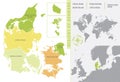 Detailed color vector map of administrative divisions of Denmark showing the location of the country on map of Europ