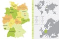 Detailed color vector map of the federal states of Germany with the location on the maps of the world and Europe