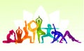 Detailed colorful silhouette yoga people illustration background.