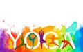 Detailed colorful silhouette yoga people illustration watercolor background.