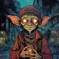 Detailed comic-book art of a smiley goblin with glowing eyes in a deserted street, AI-generated