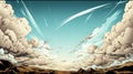 Ultra Detailed Comic Landscape With Flying Jets And Clouds