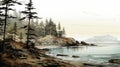 Coastline Sketch: Forest And Rocky Shore In Subtle Ink Style Royalty Free Stock Photo