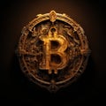 Intricate Bitcoin emblem with industrial design elements