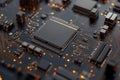 The detailed components of a circuit board, complete with a microchip, are visible in a close-up perspective within a Royalty Free Stock Photo