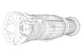 Detailed contour of an aircraft turbine from black lines isolated on a white background. Vector illustration