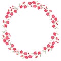 Detailed contour wreath with herbs, roses and wild flowers isolated on white. Round frame for your design