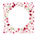 Detailed contour wreath with herbs, tulips and wild flowers isolated on white. Round frame for your design Royalty Free Stock Photo