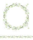 Detailed contour wreath and seamless pattern brush with herbs and wild flowers isolated on white. Endless horizontal texture for