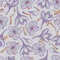 Detailed Crocus Flowers and Saffron Seamless Pattern on Grey Background