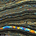 Vibrantly colored mineral layers display complex foliation patterns under polarized light microscope view Royalty Free Stock Photo