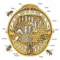 Detailed cross-section of a beehive shows various stages of bee development within Royalty Free Stock Photo
