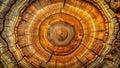 Detailed cross section of a weathered tree trunk revealing its annual growth rings and textured surface. Generative AI Royalty Free Stock Photo