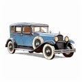 Detailed Crosshatched Blue Antique Car On White Background